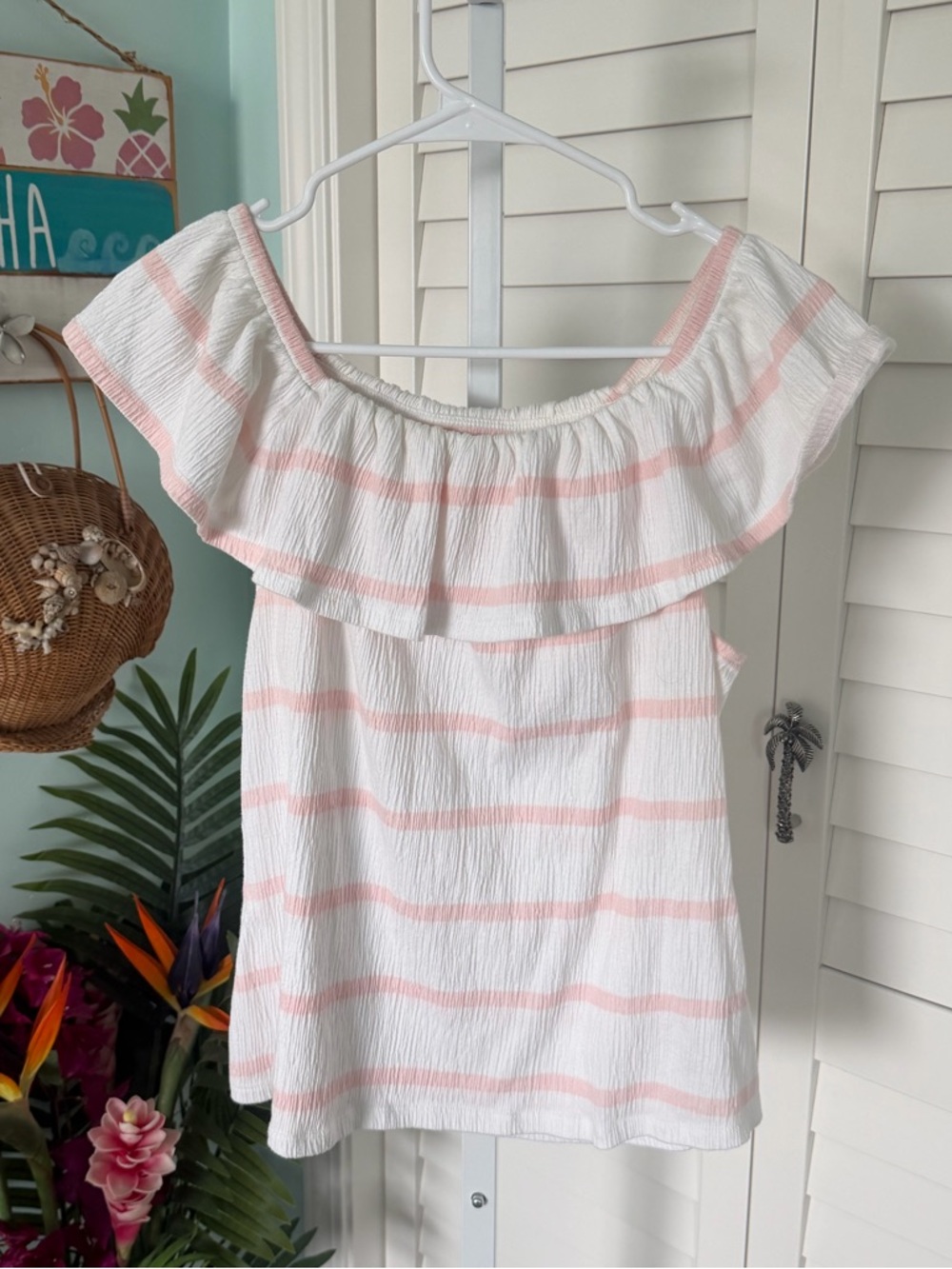Maison Jules White Off-Shoulder Tunic with Pale Pink Stripes